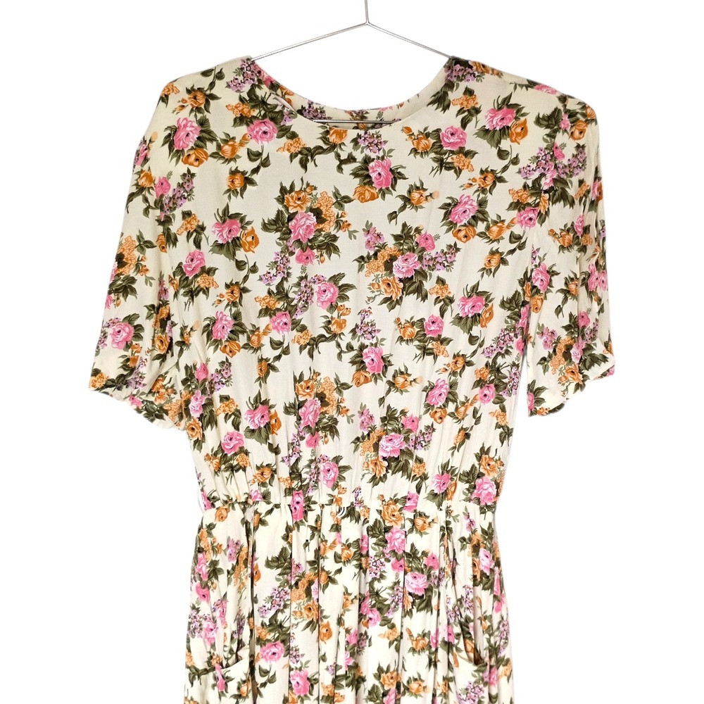 Vintage Ronni Nicole Floral Rayon Midi Dress Short Sleeve Cream Sz 16 NWT 80s - Picture 3 of 15